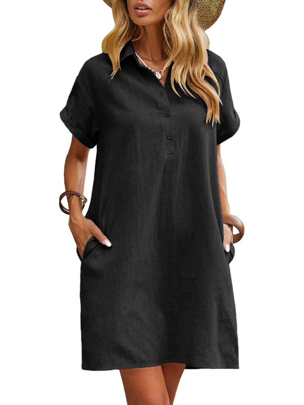 Women's Cotton Shirt Dress - Casual Summer V-Neck with Pockets